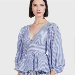 Staud Luna Blue white Striped puff sleeve top